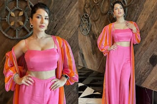 Sunny Leone Looks Like a Candy Floss in Pink Silk Attire With a Dramatic Shrug