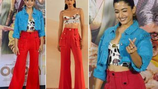Rashmika Mandanna Stands Out in Classy Bustier Top and Red Flared Pants Worth Rs 65K- HOT PICS