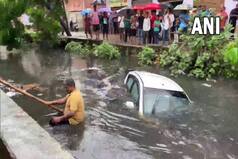 Amidst Heavy Rain, Meerut Resident's Car Falls Into Drain Due To Waterlogging On Roads