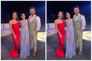 Urfi Javed Poses With Sunny Leone And Arjun Bijalani in Blue Lingerie