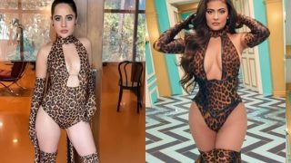 Urfi Javed Copies Kylie Jenner in Hot Leopard-Print Bodysuit With Super Sexy Neckline And Knee-High Boots - See Pics