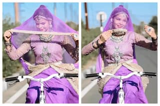 Viral Video: Girl Rides Bicycle In Traditional Attire, Hands Off The Bar, Syncs To    Dil Laga Liya    | Watch