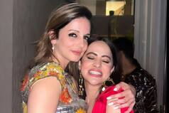 Urfi in HOT RED, Poses With Sussanne Khan at Abu Jani-Sandeep Khosla Party, See Inside Pics