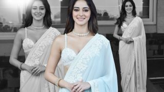 Ananya Panday Ticks Off Her Bridesmaid Look of The Year in Bikini Blouse With Pastel Blue Saree - See Pics