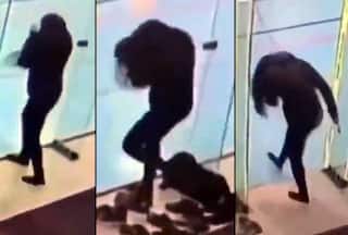 Girl Bangs Three Times Into Glass Penal Before Finally Getting To Exit