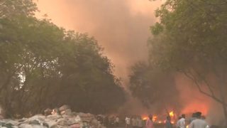 VIDEO: Massive Fire Breaks Out At PVC Market in Delhi's Tikri Kalan; Smoke Seen From Kms Away