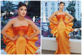 India at Cannes: Urvashi Rautela Stuns in Hot Orange Flower Strapless Dress