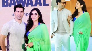 Janhvi Kapoor Soars The Temperature in Dubai With Her Sexy Green Saree And Halter Neck Blouse For Bawaal Trailer Launch - Photos