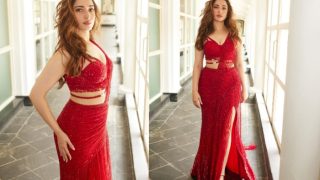 Tamannaah Bhatia Leaves The Internet Gasping For Air in Hot Red Saree Gown With Thigh-High Slit, Pics