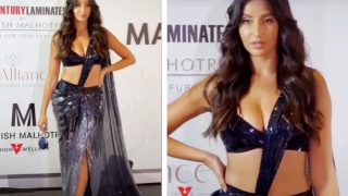 Nora Fatehi Races Heartbeats in Shimmery Deep-Neck Drape Saree, Netizens Troll Her Mini Bag Asking 'Is Main Kya Rakhti Ho'