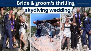 Viral Video: Bride And Groom Celebrate Wedding By Skydiving Off High Cliff With Guests, Thrilling Video Will Give You Goosebumps - WATCH
