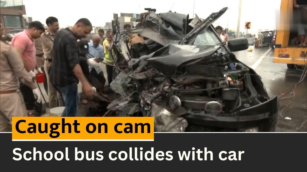 Caught On Cam: School Bus Collides With a Car On Delhi-Meerut Expressway, Horrifying Accident Kills 6 People - Watch Video