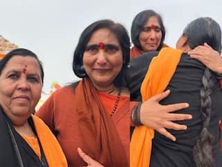 रामलला की प्राण प्रतिष्ठा के लिए भावुक हुई साध्वी ऋतंभरा और उमा भारती, राम मंदिर परिसर में एक दूसरे को गले लगाया