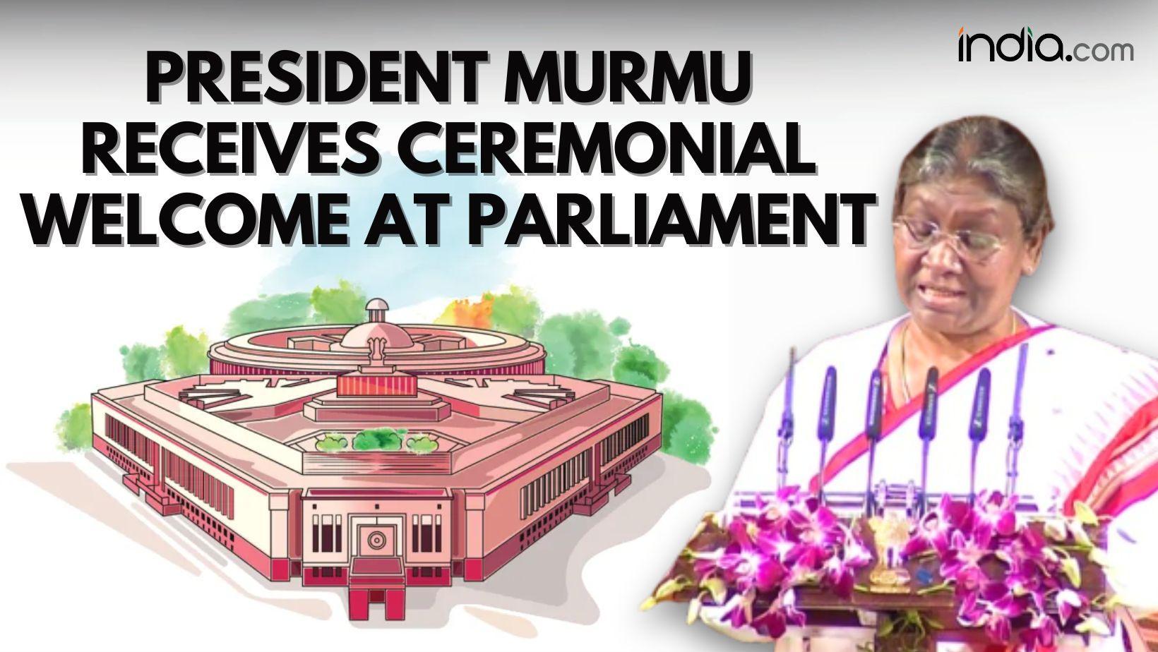 President Droupadi Murmu Honored with Ceremonial Welcome at Sansad Bhavan for Joint Parliament