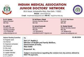 NEET PG 2024 Test Centre Row: IMA-Junior Doctors Network Writes Fresh Letter to Health Minister J P Nadda