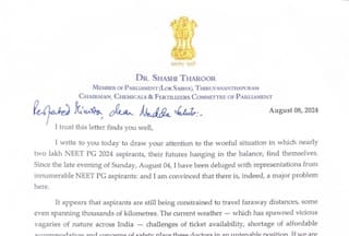 NEET PG 2024 Test Centre Row: Shashi Tharoor Writes Fresh Letter Health Minister to J P Nadda To Authorise Enough Exam Centres In Every State