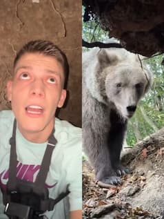 गुफा में घुसते ही आ धमका भालू, शख्स का जो हाल हुआ खुद देखिए