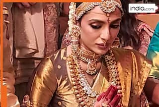 Sobhita Dhulipala is a golden bride in shiny kanjeevaram silk saree with traditional gold necklace, bajubandh and more - See pic