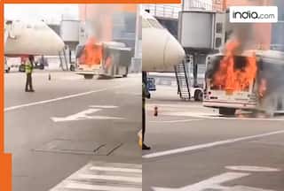 Bus catches fire at Delhi Airport Terminal 3 with Air India plane parked nearby, video goes viral