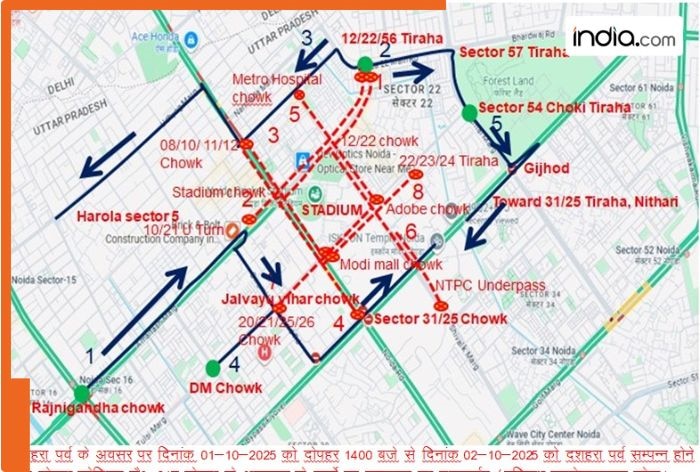 Noida traffic advisory for October 1-2: Curbs near Noida stadium, Kalindi Kunj for Dussehra and idol immersion, Vehicles from Rajnigandha Chowk can..., details