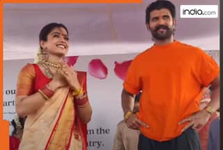 Vijay Deverakonda in a basic t-shirt, Rashmika Mandanna in a Kanjivaram saree, meet fans after Satyanarayana Swamy Vratham - See viral video