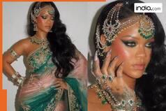 After facing trolls over cow-feeding, Rihanna goes full desi in a sheer green and pink saree - Watch