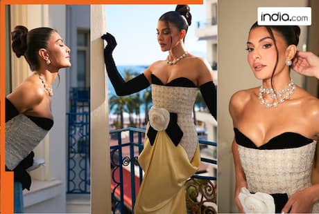 Jacqueline Fernandez dazzles at Cannes 2026 in ivory pearl fitted ivory corset-style bodice gown