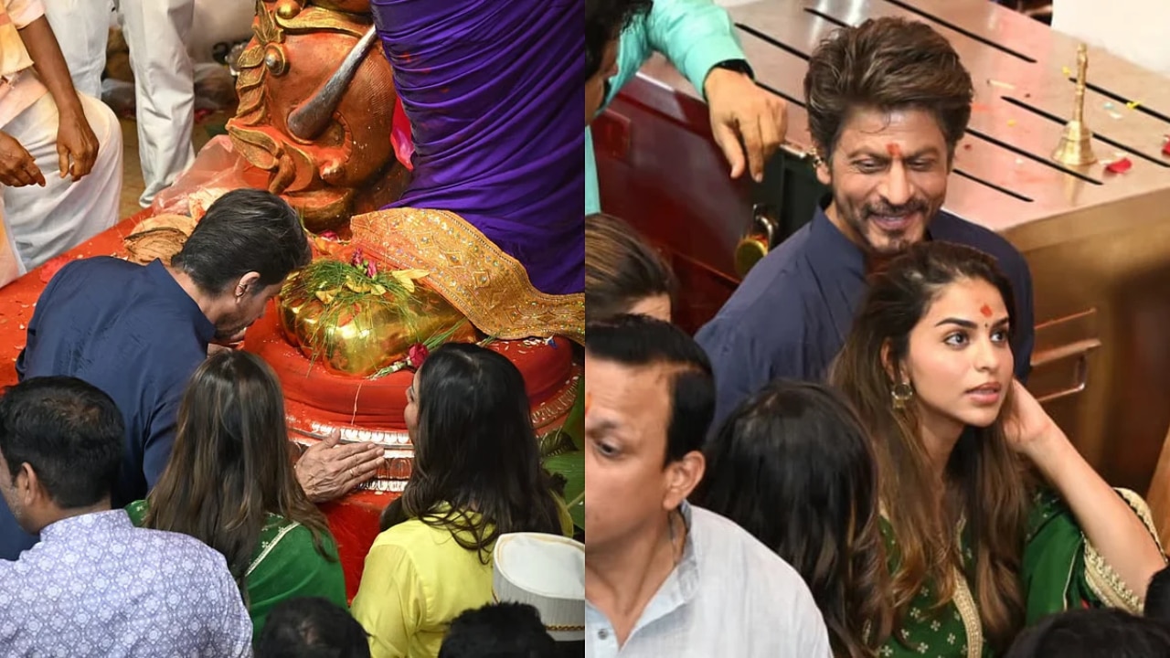 Shah Rukh Khan arrives at Lalbaugcha Raja with Gauri and Suhana Khan, protects them in crowded pandal- Watch Video