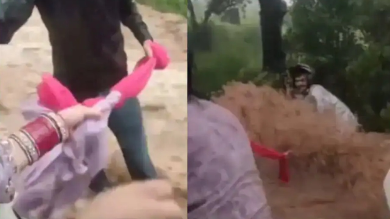 WATCH: Newlywed woman uses dupatta to rescue stranded biker amid Himachal flash flood; Dramatic visuals caught on camera