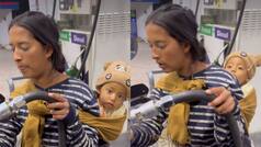 Baby on her back, Ladakh woman fuels vehicles at petrol pump; viewers praise pump owner | Viral